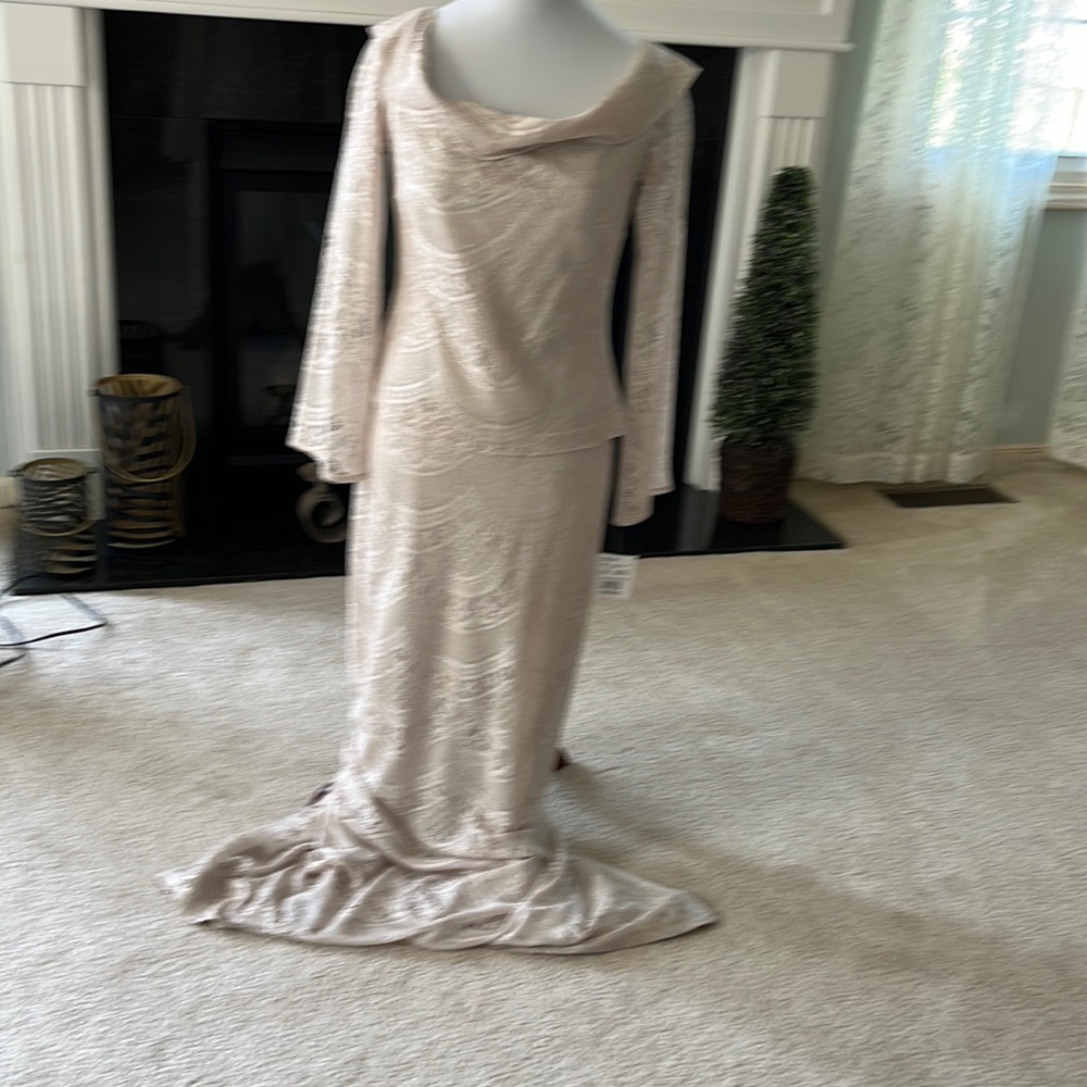 Gold crochet long sleeve floor length dress. Back slit metallic threads.